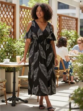 Cold-Shoulder Black Leaf-Print Midi Dress